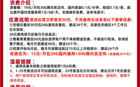 中国联通超王卡（15元月租包20G全国流量+30G腾讯定向流量）