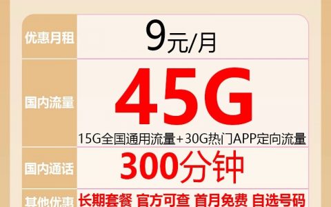 山东电信小星卡（9元15G通用流量30g定向流量300分钟）