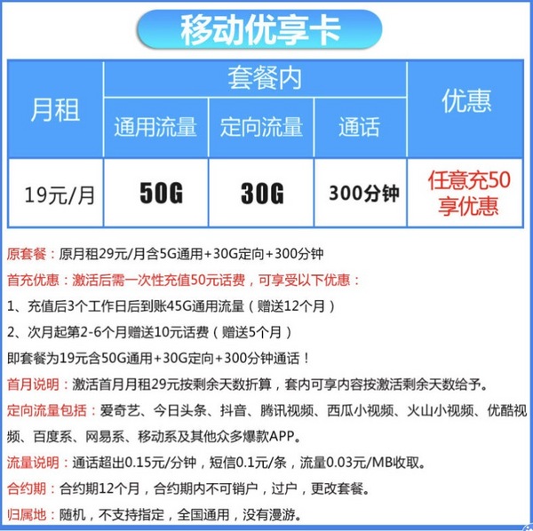 移动优享卡19元套餐（50G通用流量+30G定向流量+300分钟通话）-1