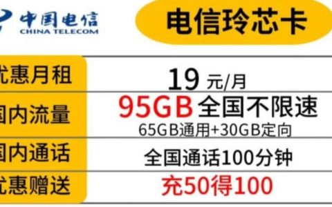 电信玲芯卡2022版，电信玲芯卡19元95G套餐