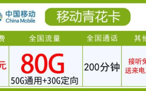 移动青花卡套餐（29元月租+80G流量+200分钟通话）