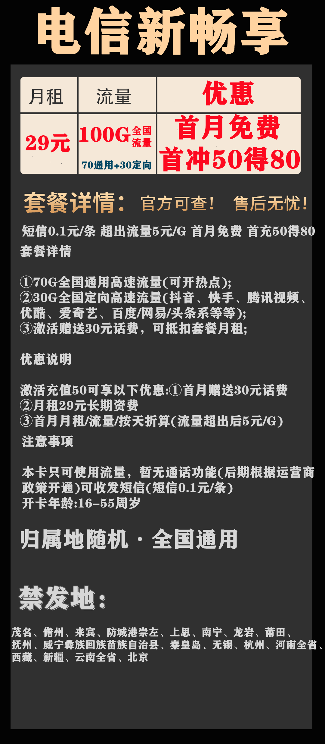 电信畅享卡29元套餐介绍，每月流量80G-1