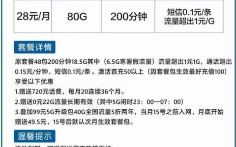 联通流量王卡28元套餐介绍，包含80G流量+200分钟通话