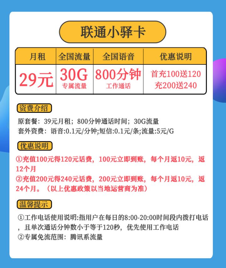 联通小驿卡 29元月租（30G定向流量+800分钟通话）-2