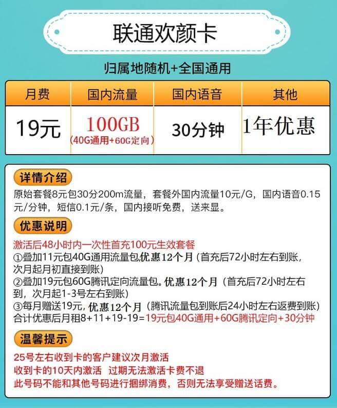 联通欢颜卡永久套餐吗 仅优惠12个月-1