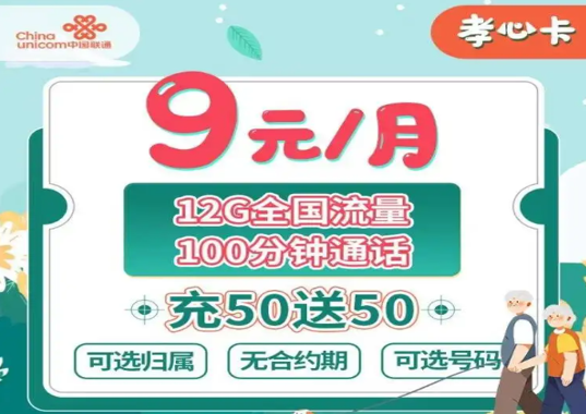 中国联通孝心卡9元套餐 12G流量+100分钟通话-1