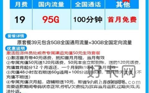 电信锦书卡套餐资费详情 19元月租95G流量100分钟通话