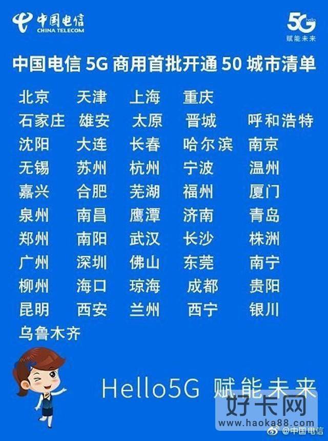 中国电信公布首批50个5G商用城市名单-1