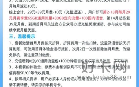 电信磅礴卡 29元包65G通用+30G定向+100分钟通话（长期套餐）