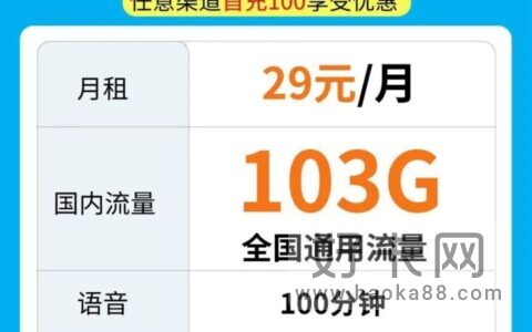 联通神卡！29元包103G通用流量+100分钟（可选号、可开副卡）