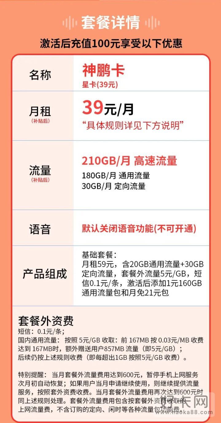 电信神鹏卡39元210G流量（长期套餐、流量可结转）-2