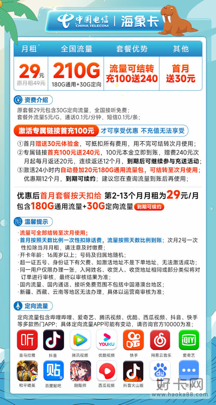 电信海象卡 29元210G流量 可续约、流量可结转-2