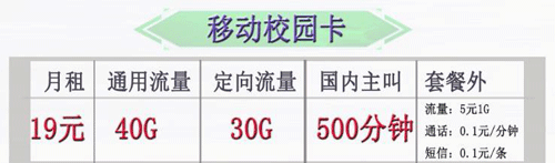 移动校园卡|月租19元+通用流量40G+定向流量30G