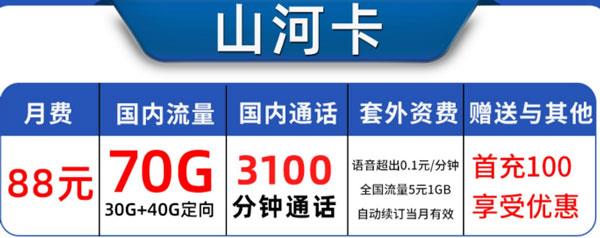 【山河卡】88元月租，全国流量3100分钟通话