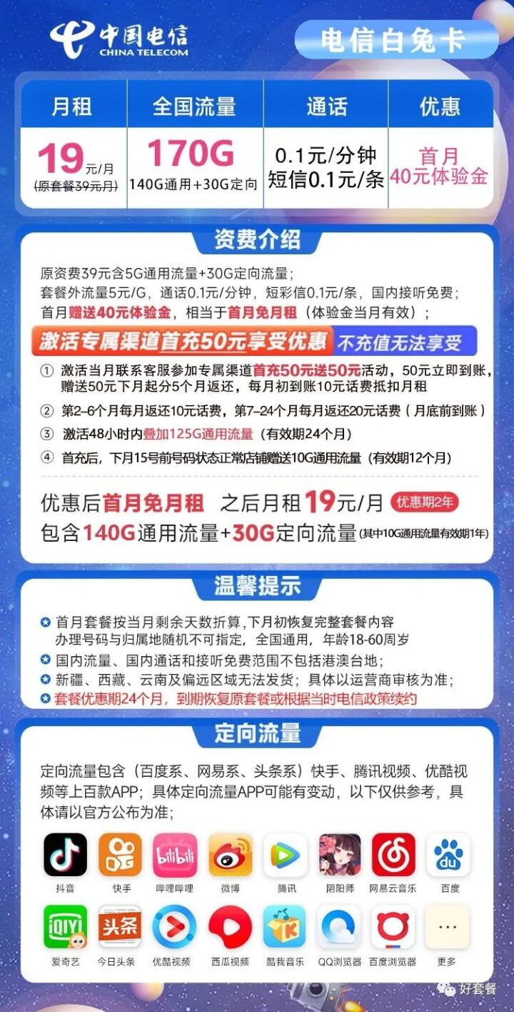 【首充50・两年19元】电信白兔卡 19元170G全国高速流量-1